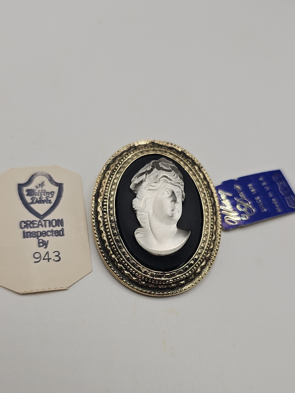 Whiting & Davis Black, White/Gold Cameo Brooch 3 Dimentional. Dead StockW/Tags